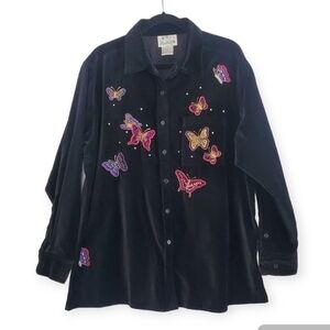 The Quacker Factory Black Embroidered Butterflies Velvet Blouse